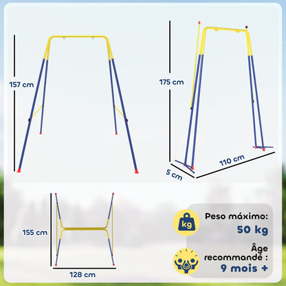 Folding Children's Swing Frame — Metal A-Frame for 1 Swing, 2 Hooks, 4 Stakes, Weather-Resistant, 110 lb Capacity, Indoor/Outdoor, 128 x 155 x 157 cm (50.4 x 61.0 x 61.8 in), Blue