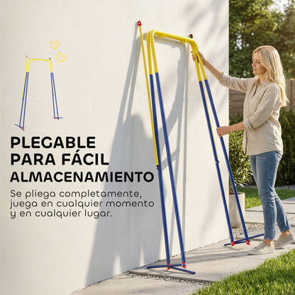 Folding Children's Swing Frame — Metal A-Frame for 1 Swing, 2 Hooks, 4 Stakes, Weather-Resistant, 110 lb Capacity, Indoor/Outdoor, 128 x 155 x 157 cm (50.4 x 61.0 x 61.8 in), Blue