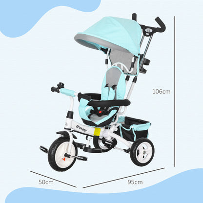 6-in-1 Tricycle with Push Handle, Children's Tricycle with Removable Sun Canopy, Balance Bike with 5-Point Safety Belt, Basket, Drink Holder, for 1-5 Years Children, Green