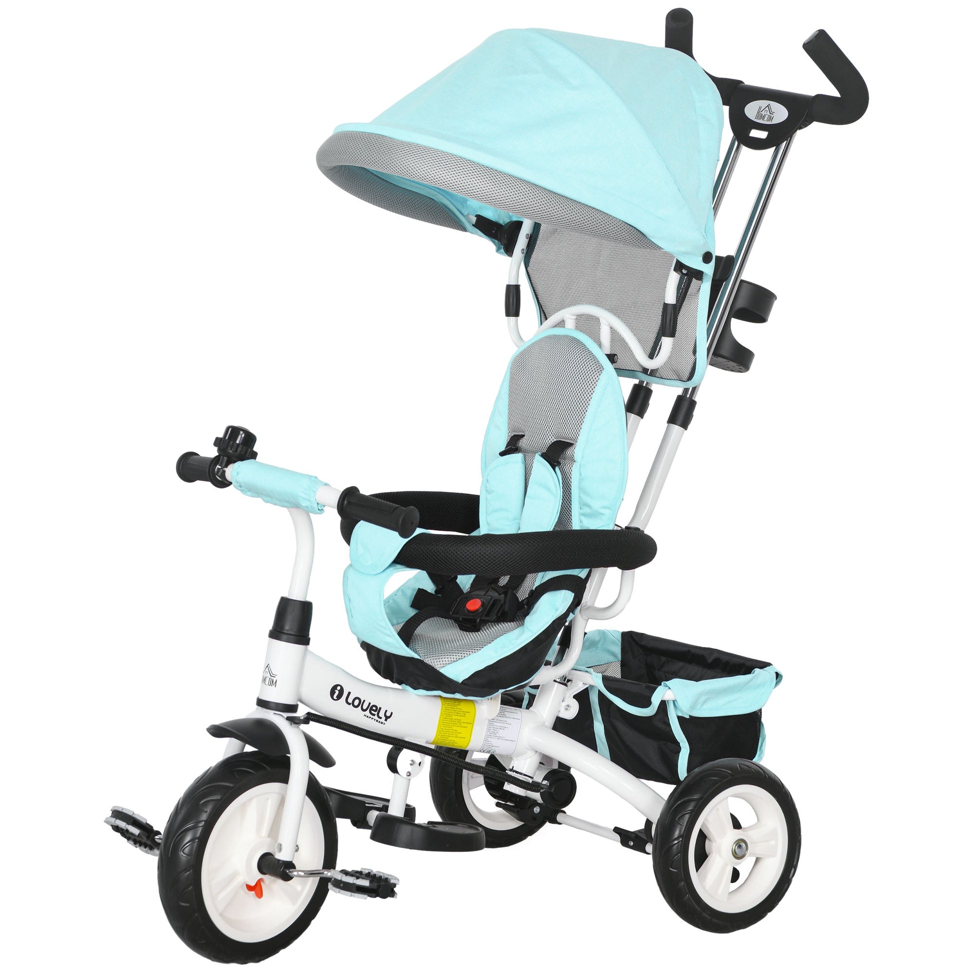 6-in-1 Tricycle with Push Handle, Children's Tricycle with Removable Sun Canopy, Balance Bike with 5-Point Safety Belt, Basket, Drink Holder, for 1-5 Years Children, Green