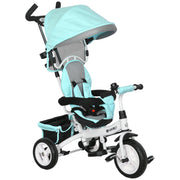 6-in-1 Tricycle with Push Handle, Children's Tricycle with Removable Sun Canopy, Balance Bike with 5-Point Safety Belt, Basket, Drink Holder, for 1-5 Years Children, Green