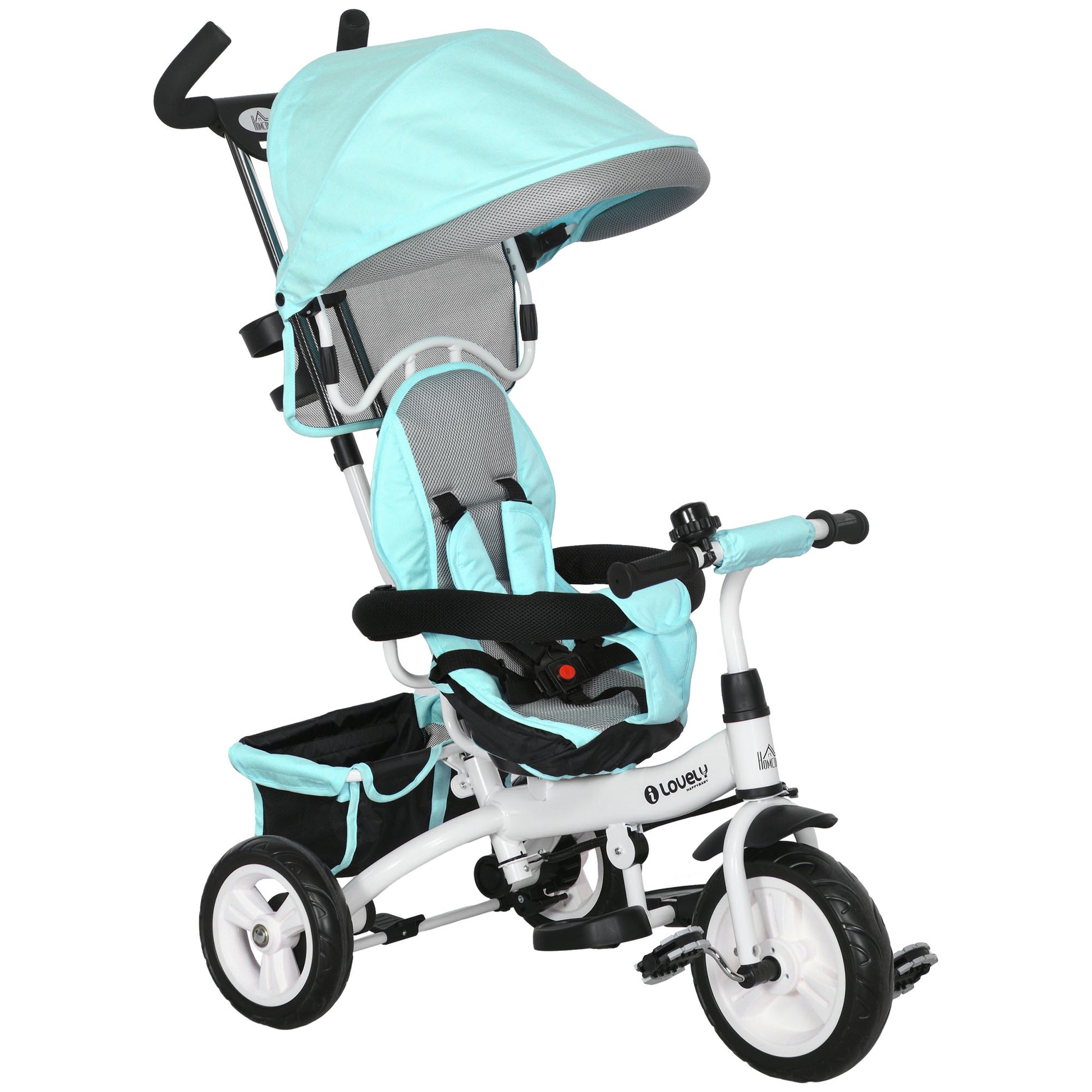 6-in-1 Tricycle with Push Handle, Children's Tricycle with Removable Sun Canopy, Balance Bike with 5-Point Safety Belt, Basket, Drink Holder, for 1-5 Years Children, Green