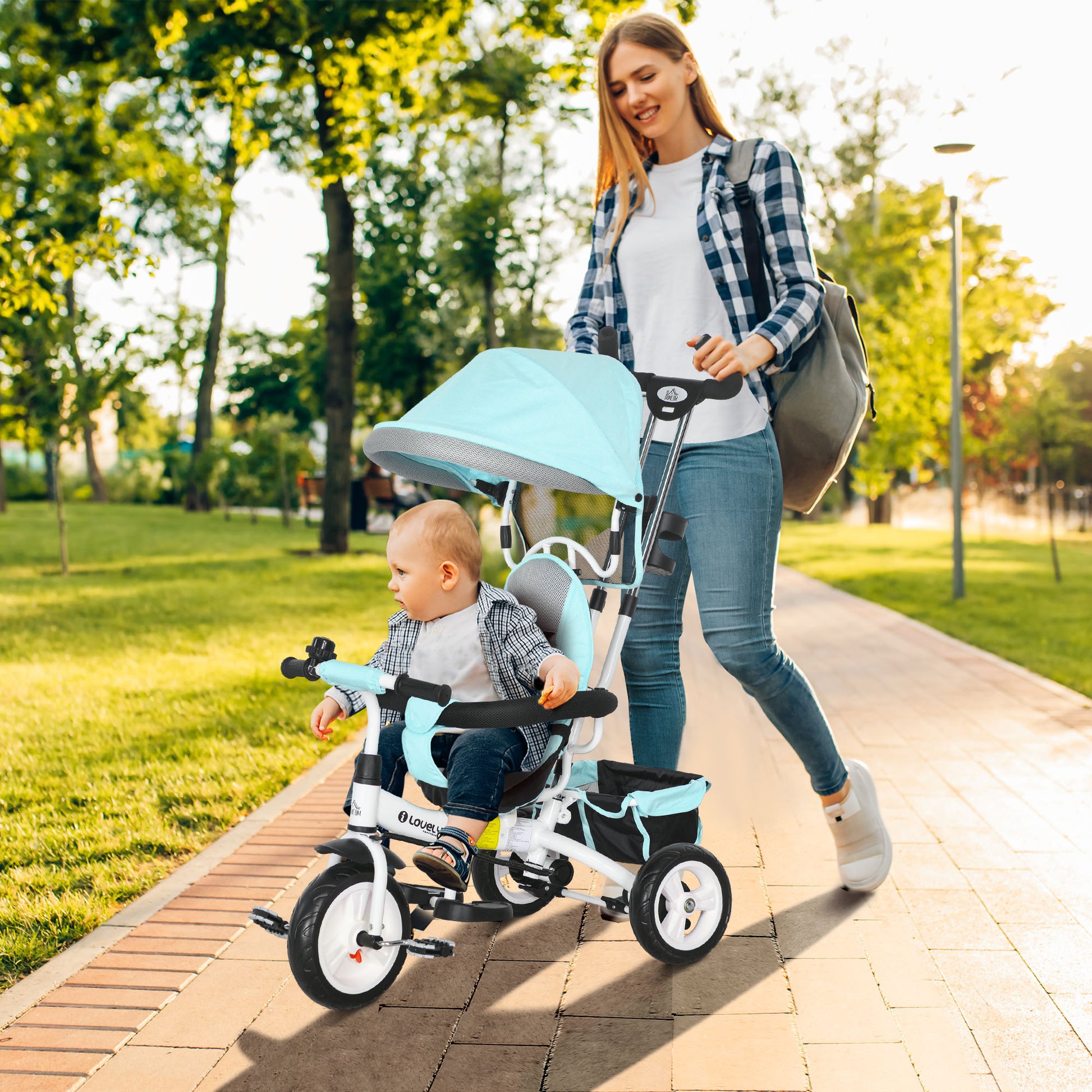 6-in-1 Tricycle with Push Handle, Children's Tricycle with Removable Sun Canopy, Balance Bike with 5-Point Safety Belt, Basket, Drink Holder, for 1-5 Years Children, Green