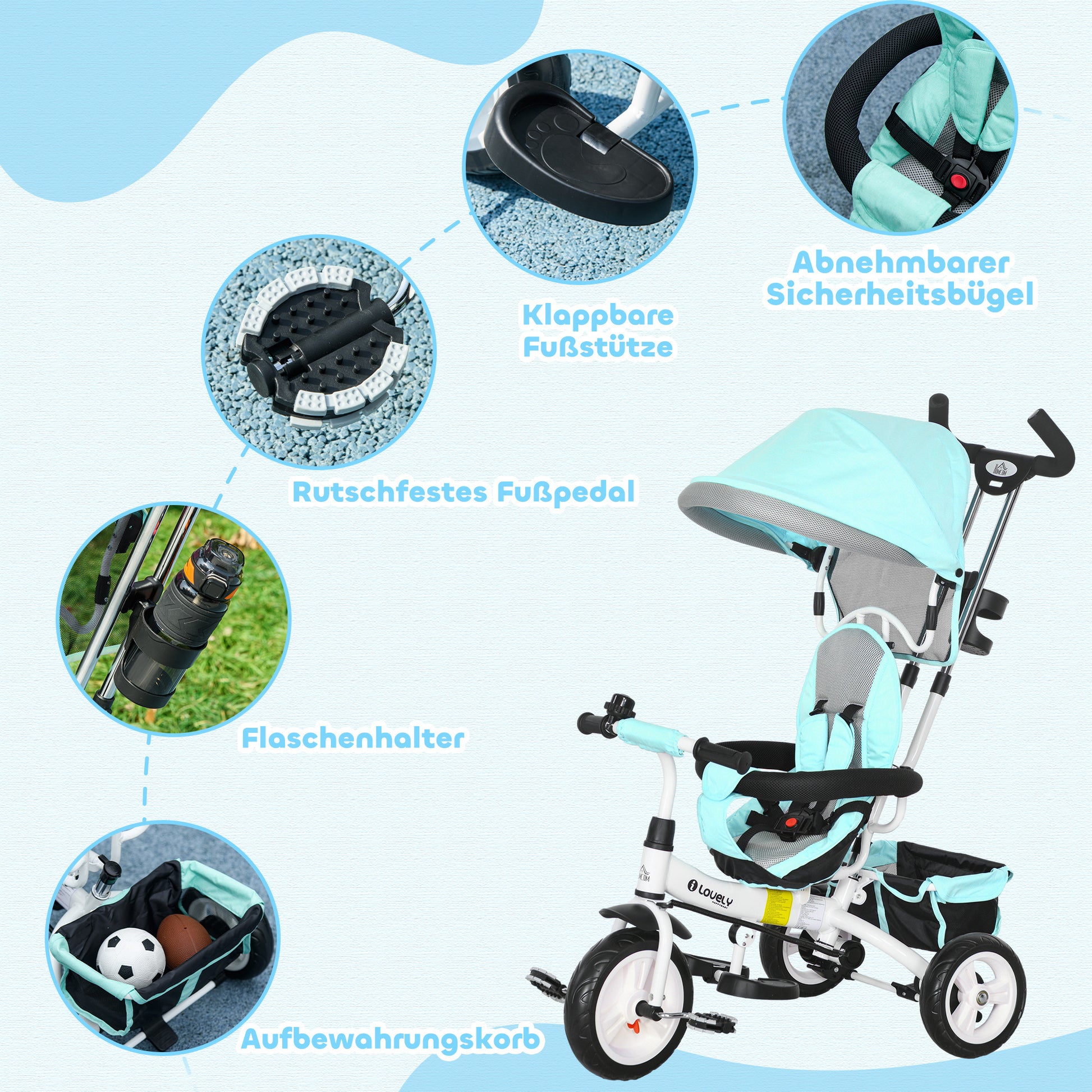6-in-1 Tricycle with Push Handle, Children's Tricycle with Removable Sun Canopy, Balance Bike with 5-Point Safety Belt, Basket, Drink Holder, for 1-5 Years Children, Green
