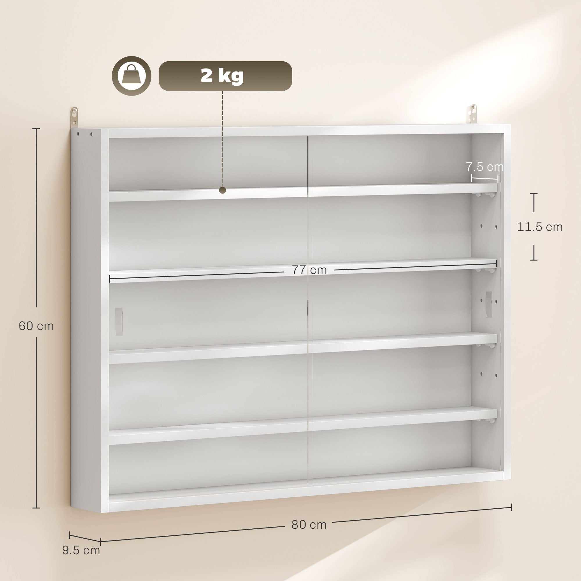 Display Cabinet Wall Mounted Display Case with Adjustable Shelves and 2 Sliding Glass Doors for Collections Perfumes Decorative Figurines 80x9.5x60 cm White