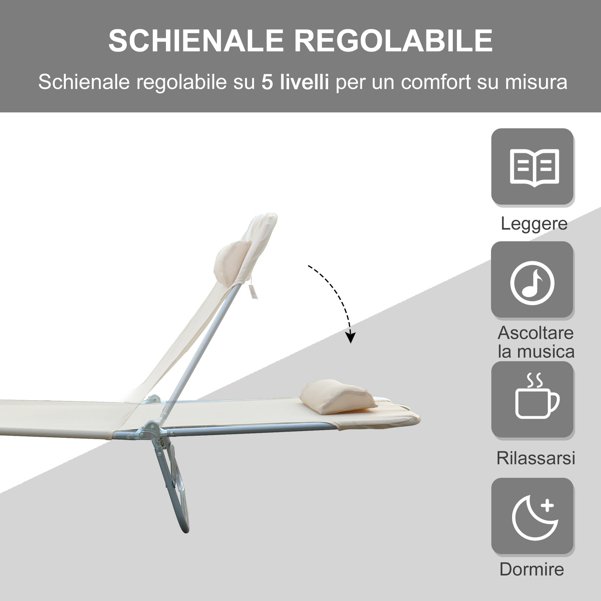 Folding Sun Lounger with Reclining Backrest and Cushion, Garden, Beach and Camping Lounger, Beige