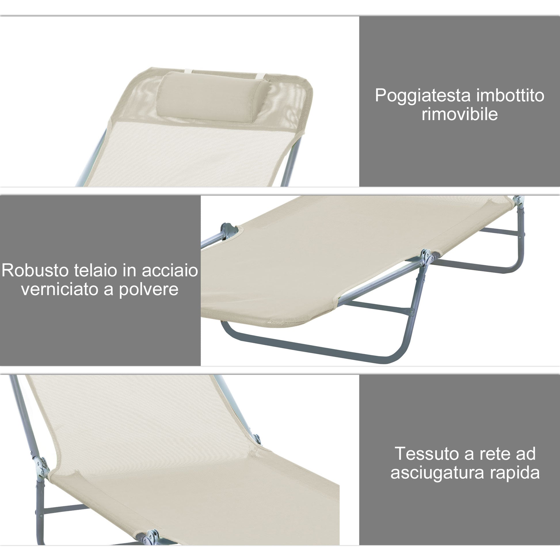 Folding Sun Lounger with Reclining Backrest and Cushion, Garden, Beach and Camping Lounger, Beige