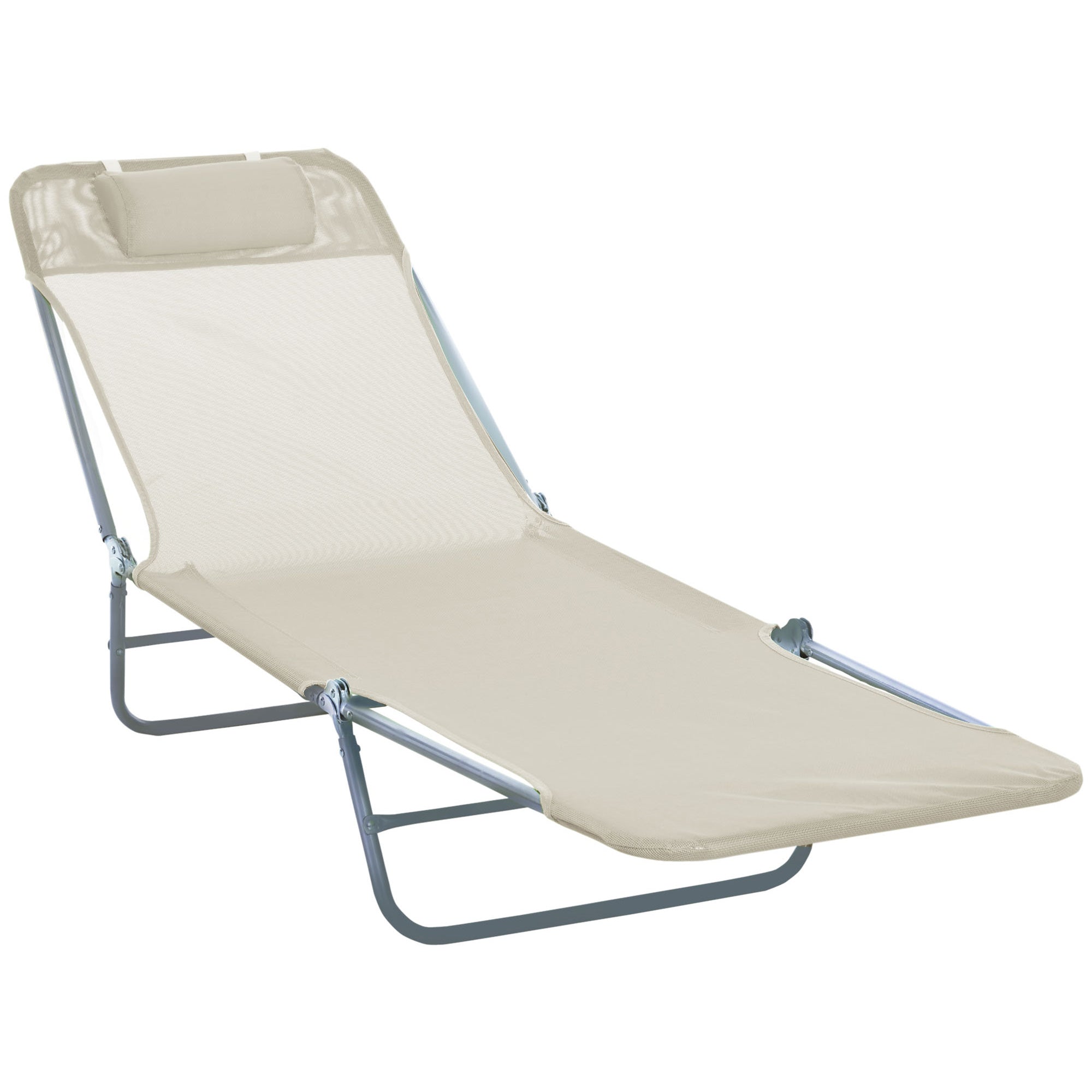 Folding Sun Lounger with Reclining Backrest and Cushion, Garden, Beach and Camping Lounger, Beige