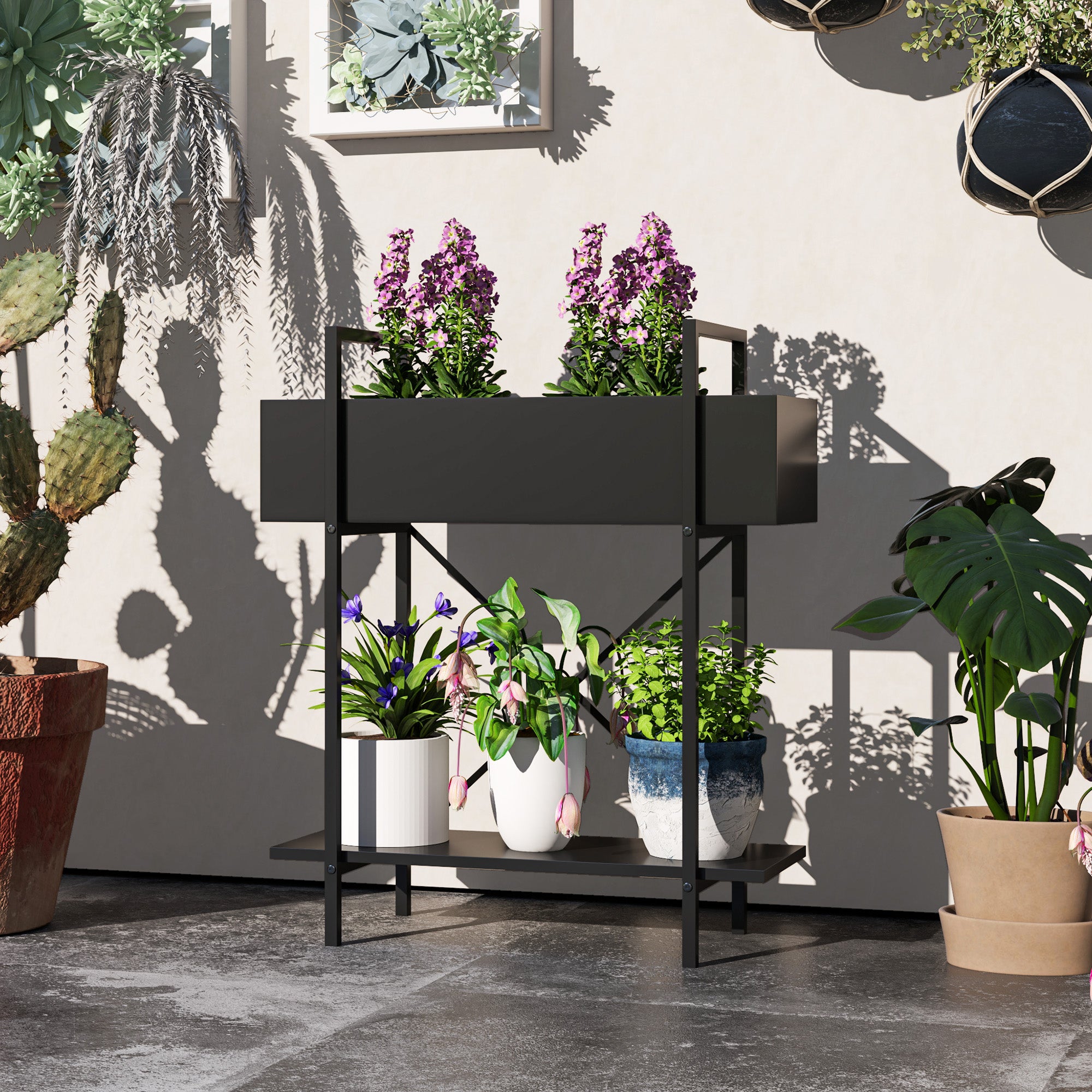 2-Tier Plant Stand, Flower Stand for Indoor Outdoor, Metal Plant Shelf, Multi-Layer Flower Rack, 70 cm High Plant Stand for Living Room, Garden Balcony Decor, Black
