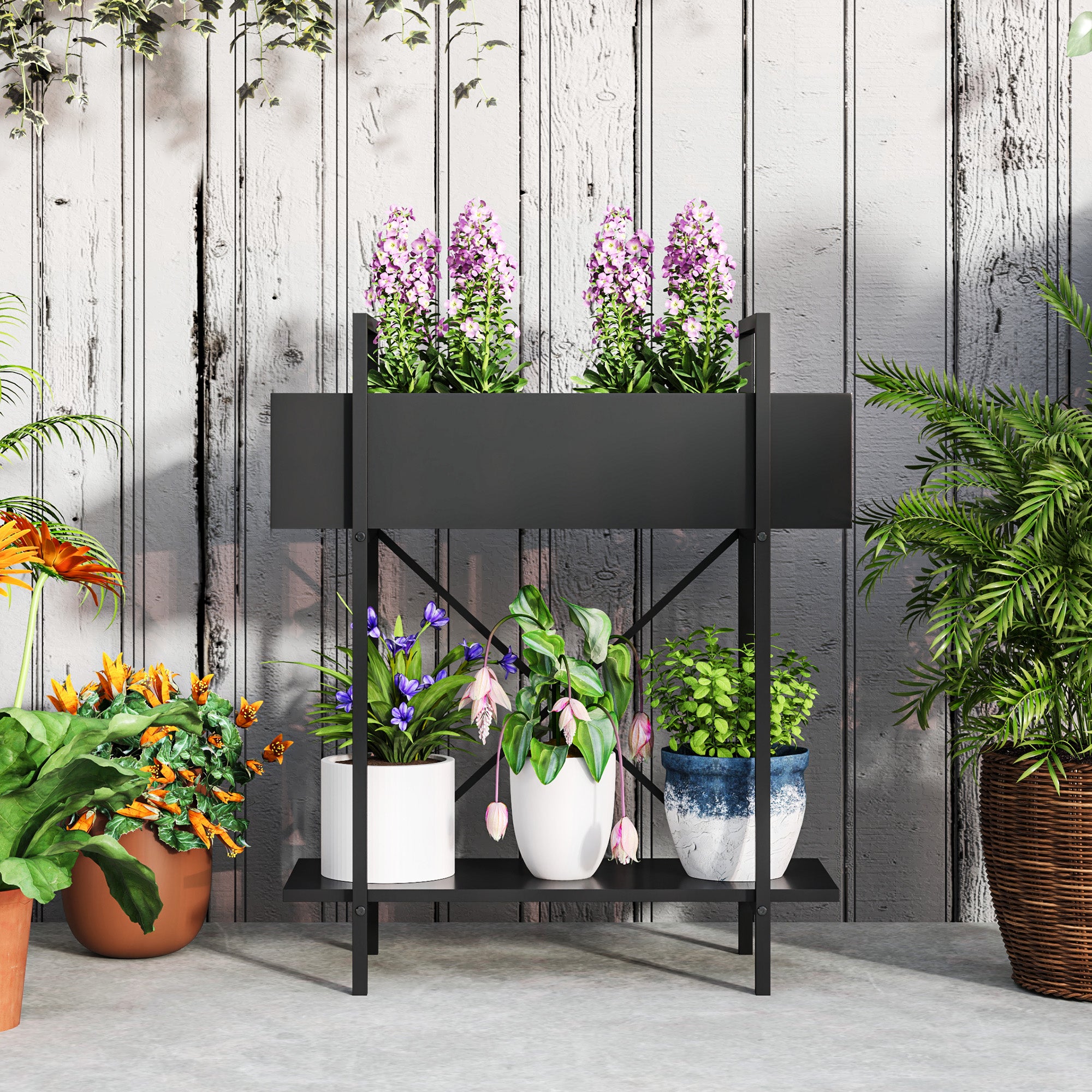 2-Tier Plant Stand, Flower Stand for Indoor Outdoor, Metal Plant Shelf, Multi-Layer Flower Rack, 70 cm High Plant Stand for Living Room, Garden Balcony Decor, Black