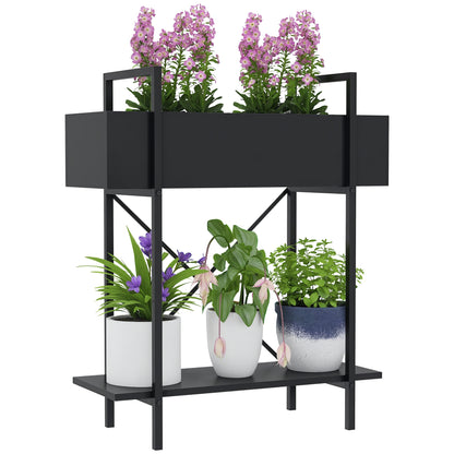 2-Tier Plant Stand, Flower Stand for Indoor Outdoor, Metal Plant Shelf, Multi-Layer Flower Rack, 70 cm High Plant Stand for Living Room, Garden Balcony Decor, Black