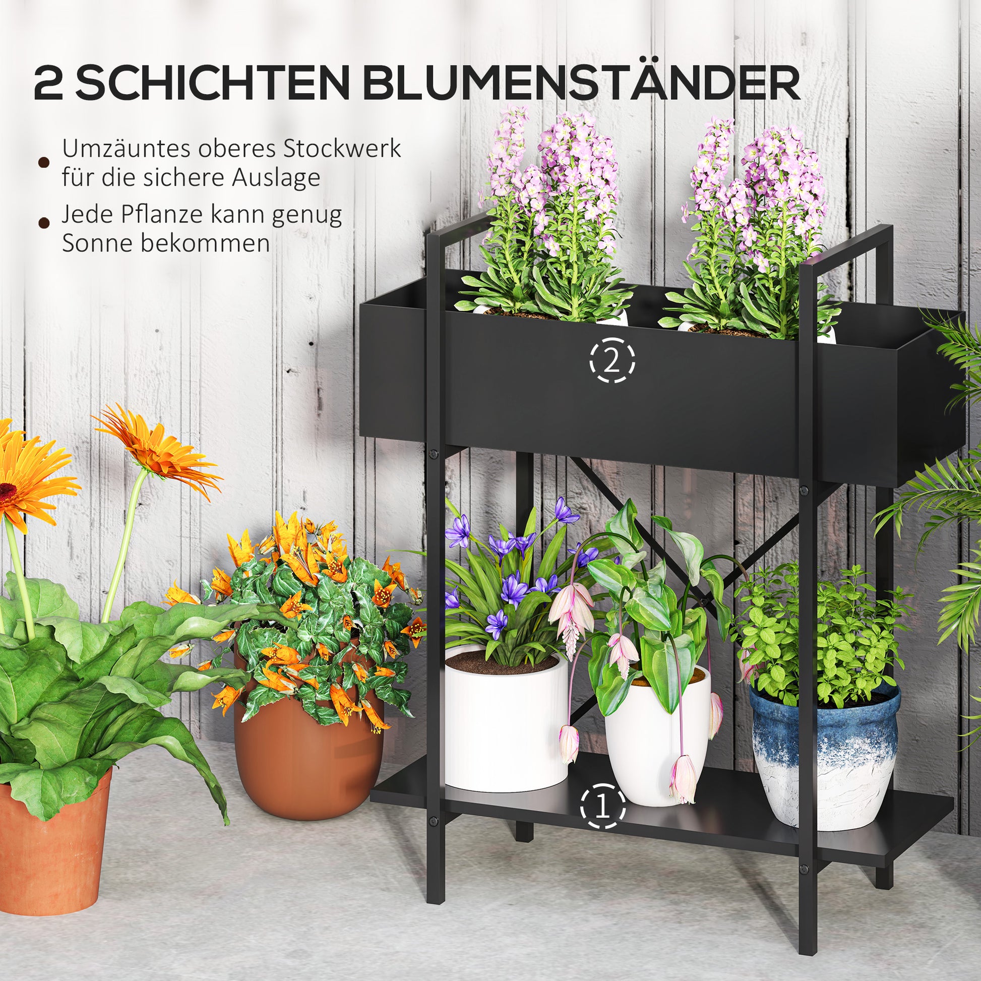 2-Tier Plant Stand, Flower Stand for Indoor Outdoor, Metal Plant Shelf, Multi-Layer Flower Rack, 70 cm High Plant Stand for Living Room, Garden Balcony Decor, Black