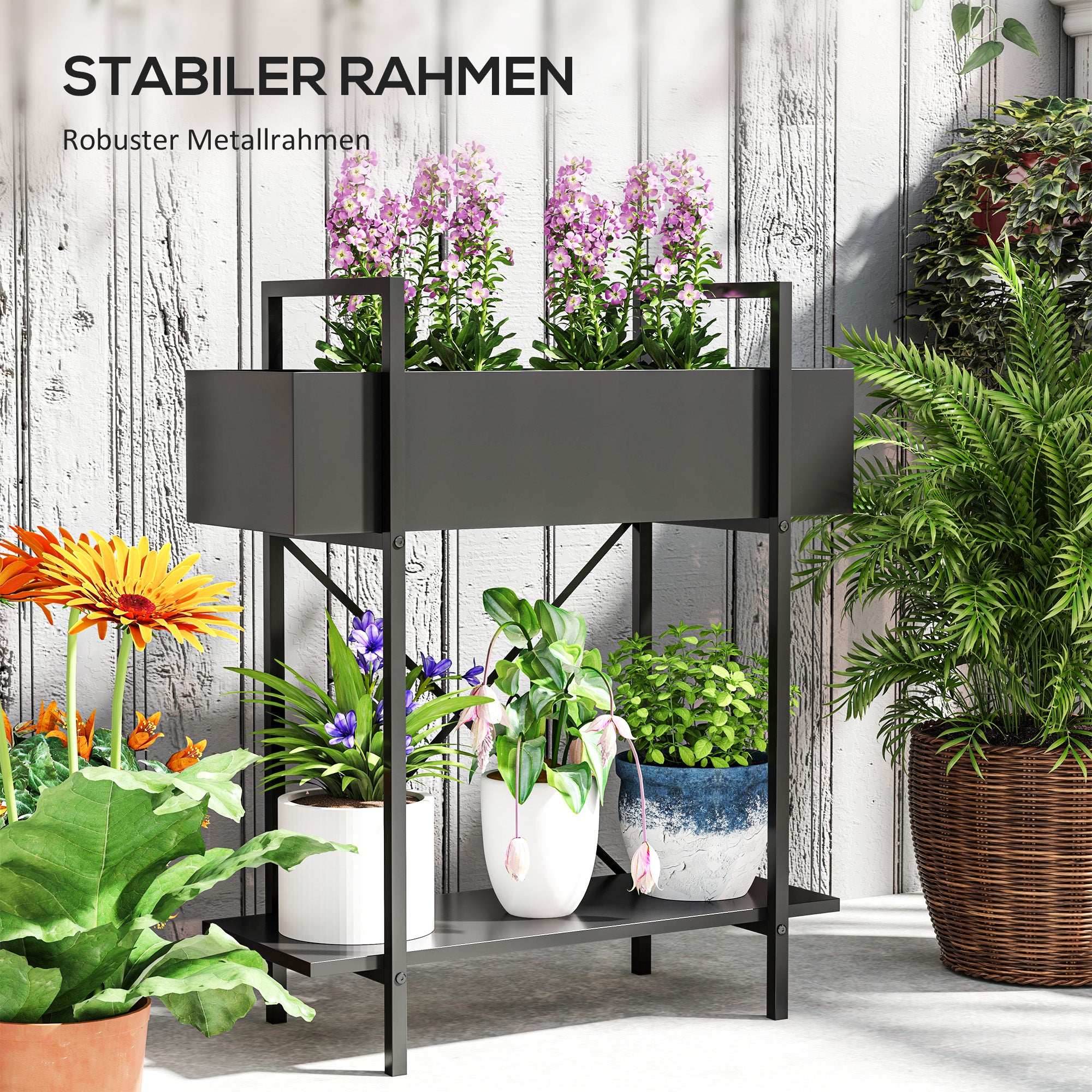 2-Tier Plant Stand, Flower Stand for Indoor Outdoor, Metal Plant Shelf, Multi-Layer Flower Rack, 70 cm High Plant Stand for Living Room, Garden Balcony Decor, Black