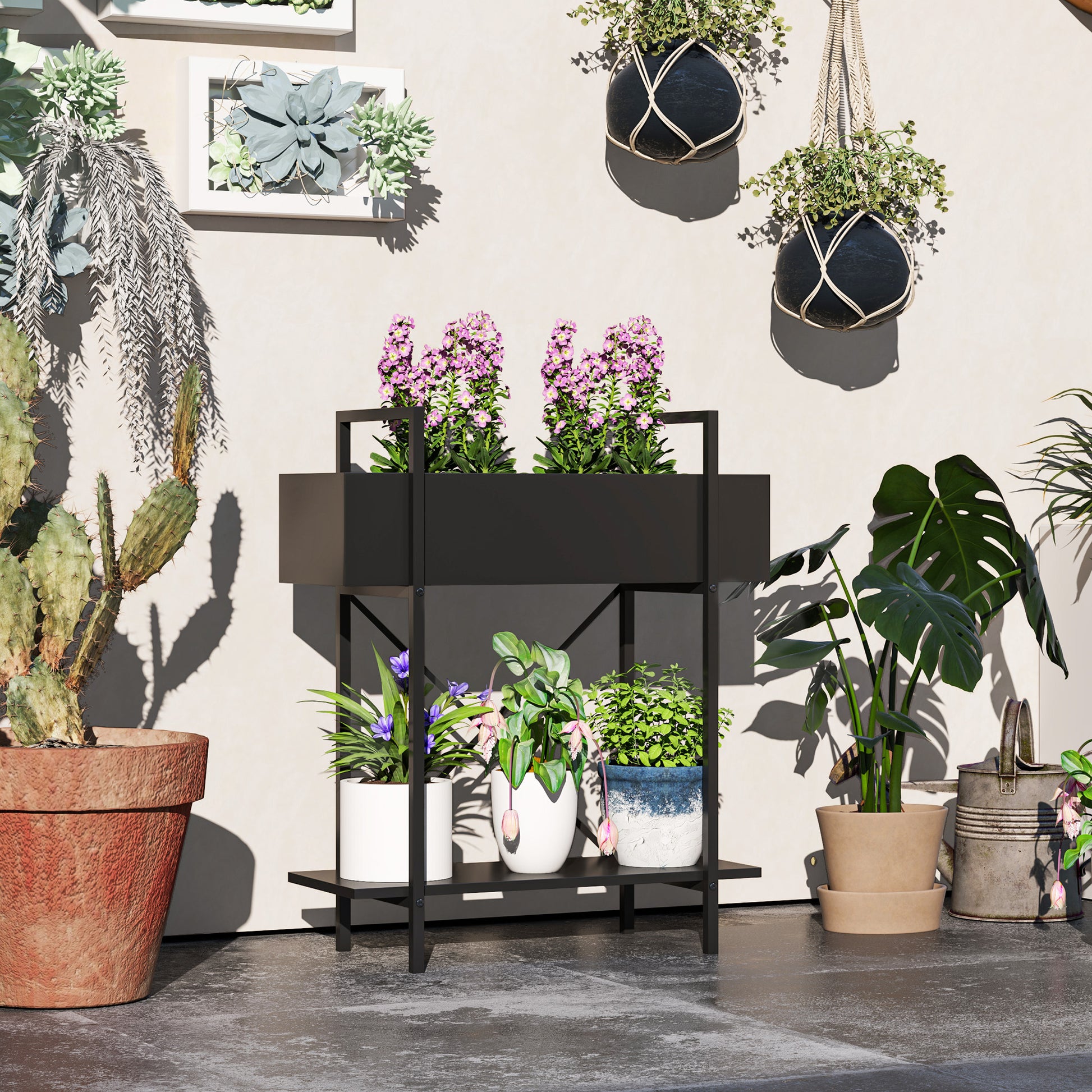 2-Tier Plant Stand, Flower Stand for Indoor Outdoor, Metal Plant Shelf, Multi-Layer Flower Rack, 70 cm High Plant Stand for Living Room, Garden Balcony Decor, Black