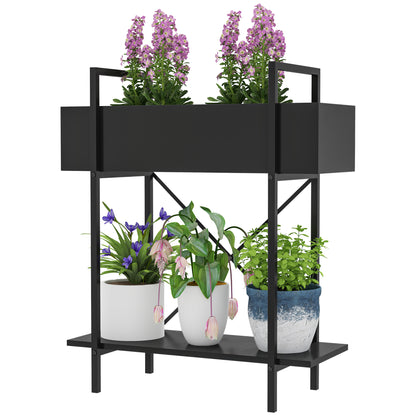 2-Tier Plant Stand, Flower Stand for Indoor Outdoor, Metal Plant Shelf, Multi-Layer Flower Rack, 70 cm High Plant Stand for Living Room, Garden Balcony Decor, Black