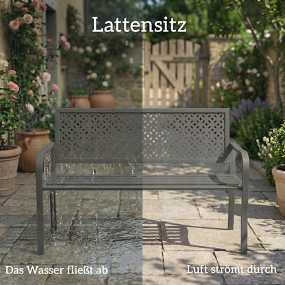 2-Seater Metal Garden Bench — Weatherproof Outdoor Bench with Rust-Resistant Louvered Steel Backrest, Geometric Design, Fits up to 529 lb, 50" x 24" x 33.5", Dark Gray