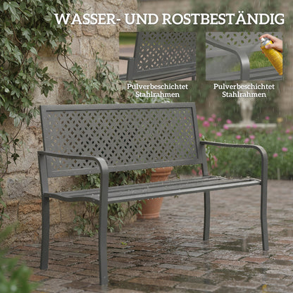 2-Seater Metal Garden Bench — Weatherproof Outdoor Bench with Rust-Resistant Louvered Steel Backrest, Geometric Design, Fits up to 529 lb, 50" x 24" x 33.5", Dark Gray