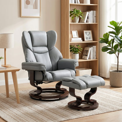 Recliner with Ottoman, 360° Swivel TV Chair with 145° Recline, PU Leather, Light Gray