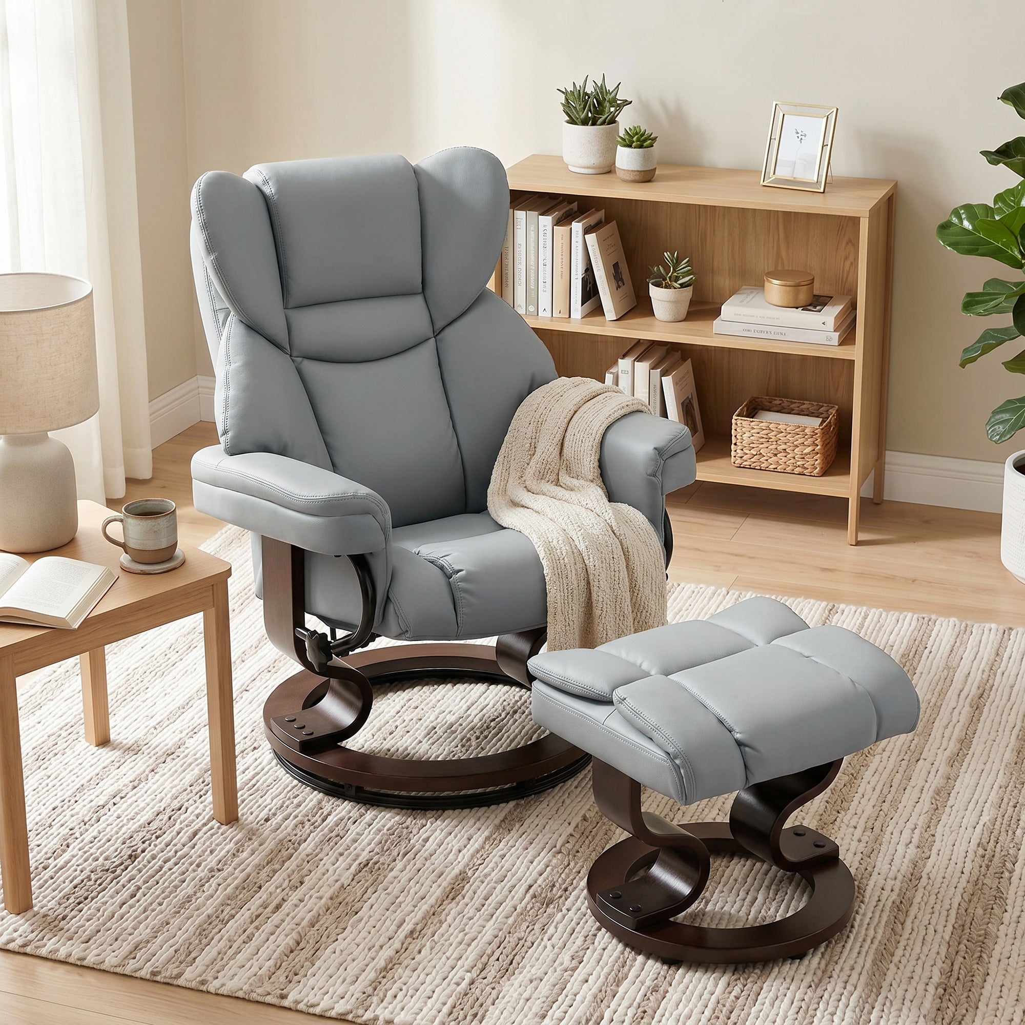 Recliner with Ottoman, 360° Swivel TV Chair with 145° Recline, PU Leather, Light Gray