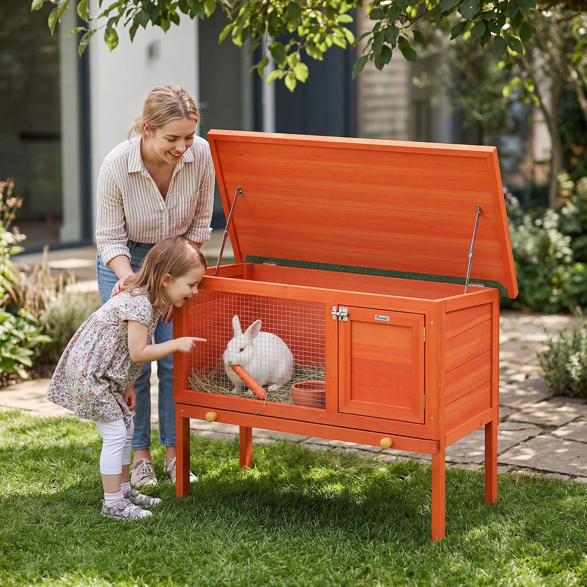 Wooden Rabbit Hutch 90 x 45 x 65 cm (35.4 x 17.7 x 25.6 in) – Elevated Outdoor Small Animal Hutch with Hinged Asphalt Roof, Pull-Out Tray, Door & Galvanized Wire, Orange