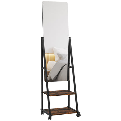 Rectangular Standing Mirror Full Length Rolling Floor Mirror with Adjustable Angle 2 Shelves 4 Wheels - dim. 42L x 37W x 155H cm - black and rustic brown