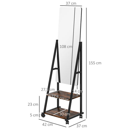 Rectangular Standing Mirror Full Length Rolling Floor Mirror with Adjustable Angle 2 Shelves 4 Wheels - dim. 42L x 37W x 155H cm - black and rustic brown