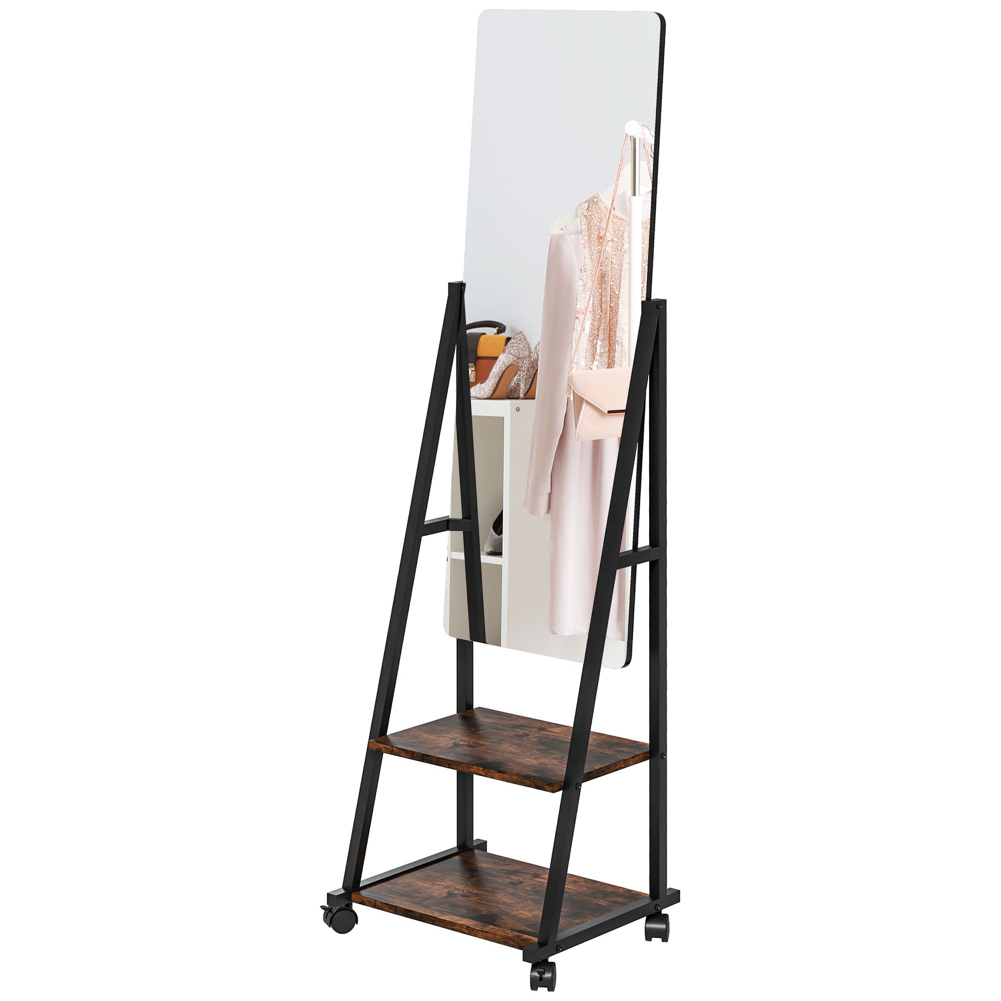 Rectangular Standing Mirror Full Length Rolling Floor Mirror with Adjustable Angle 2 Shelves 4 Wheels - dim. 42L x 37W x 155H cm - black and rustic brown