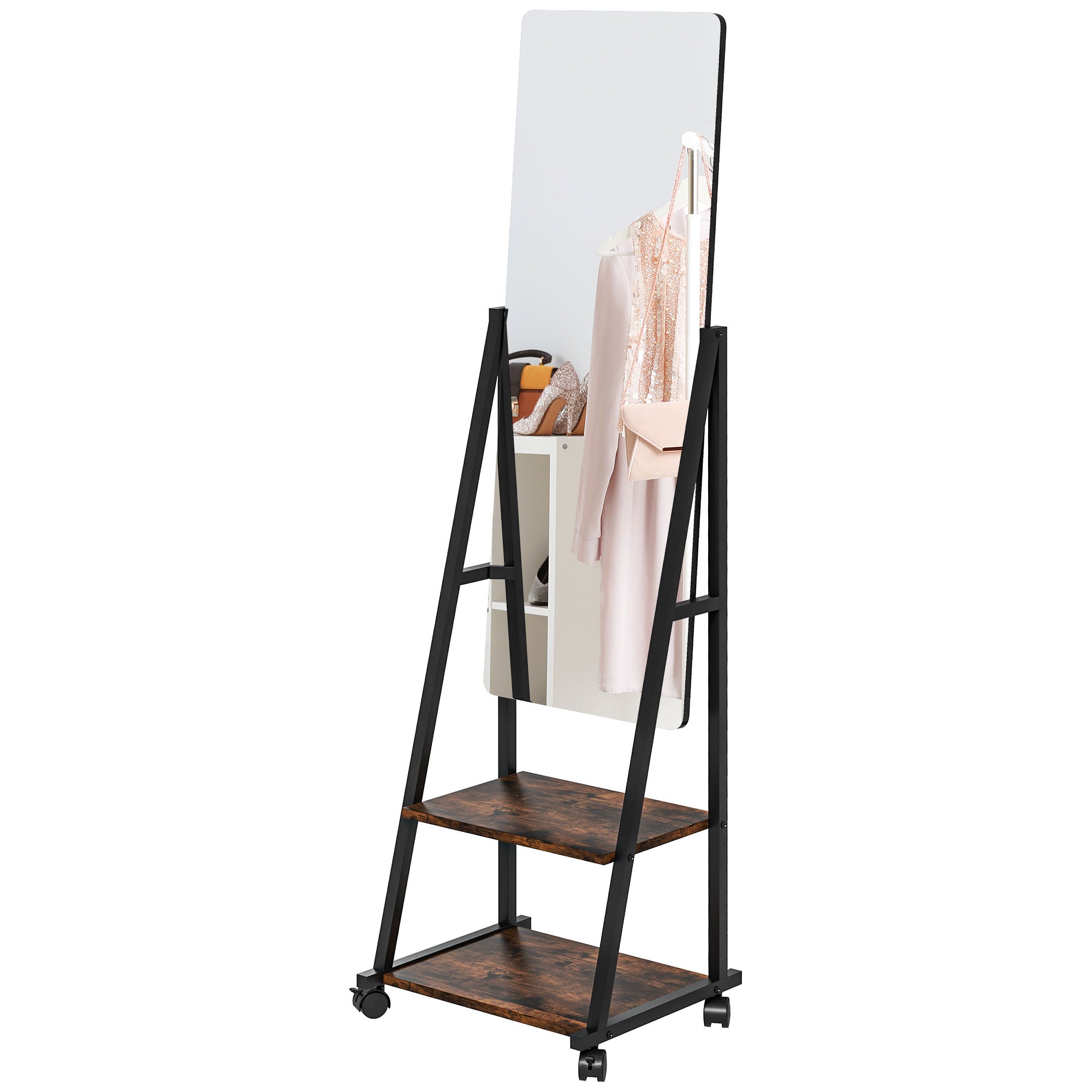 Rectangular Standing Mirror Full Length Rolling Floor Mirror with Adjustable Angle 2 Shelves 4 Wheels - dim. 42L x 37W x 155H cm - black and rustic brown