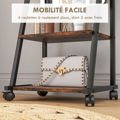 Rectangular Standing Mirror Full Length Rolling Floor Mirror with Adjustable Angle 2 Shelves 4 Wheels - dim. 42L x 37W x 155H cm - black and rustic brown