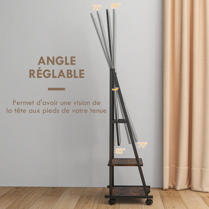 Rectangular Standing Mirror Full Length Rolling Floor Mirror with Adjustable Angle 2 Shelves 4 Wheels - dim. 42L x 37W x 155H cm - black and rustic brown