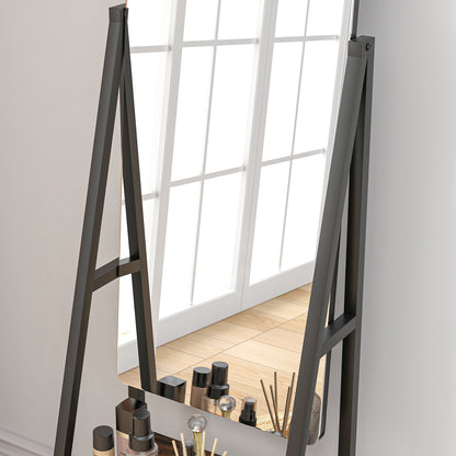 Rectangular Standing Mirror Full Length Rolling Floor Mirror with Adjustable Angle 2 Shelves 4 Wheels - dim. 42L x 37W x 155H cm - black and rustic brown