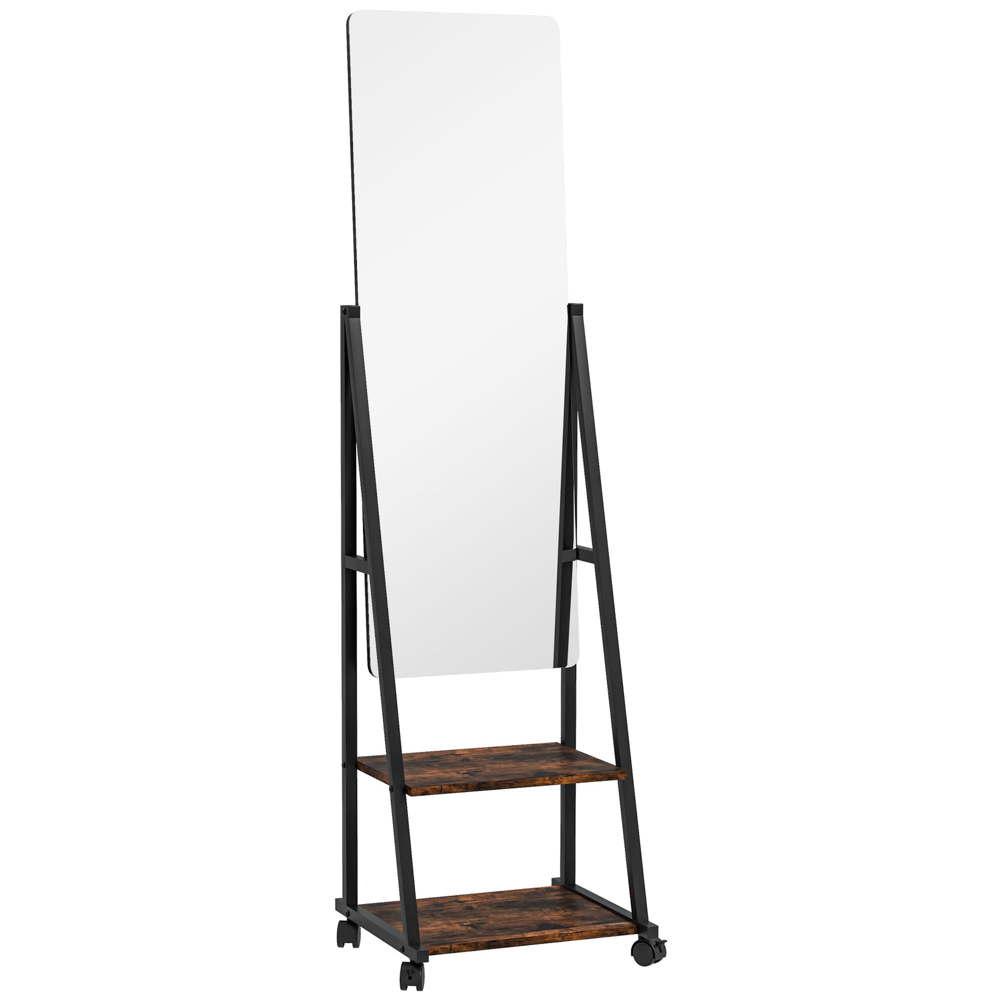 Rectangular Standing Mirror Full Length Rolling Floor Mirror with Adjustable Angle 2 Shelves 4 Wheels - dim. 42L x 37W x 155H cm - black and rustic brown