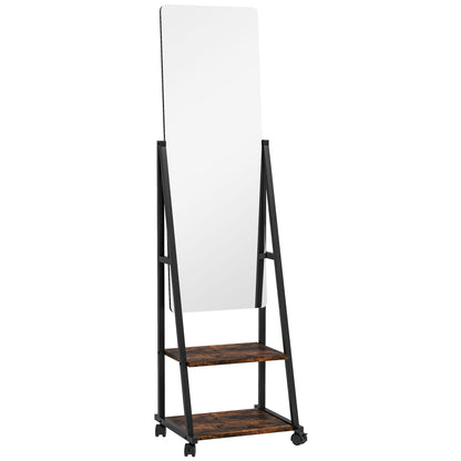 Rectangular Standing Mirror Full Length Rolling Floor Mirror with Adjustable Angle 2 Shelves 4 Wheels - dim. 42L x 37W x 155H cm - black and rustic brown