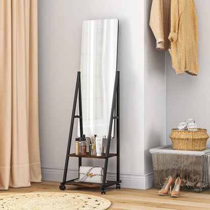 Rectangular Standing Mirror Full Length Rolling Floor Mirror with Adjustable Angle 2 Shelves 4 Wheels - dim. 42L x 37W x 155H cm - black and rustic brown