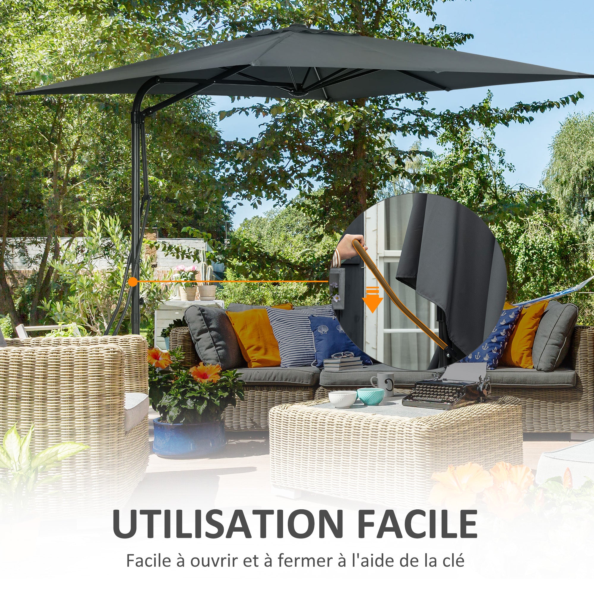 Square Offset Umbrella 2.5 x 2.5 m, outdoor garden umbrella UV protection quick and easy open and close cross base included for balcony patio terrace dark grey