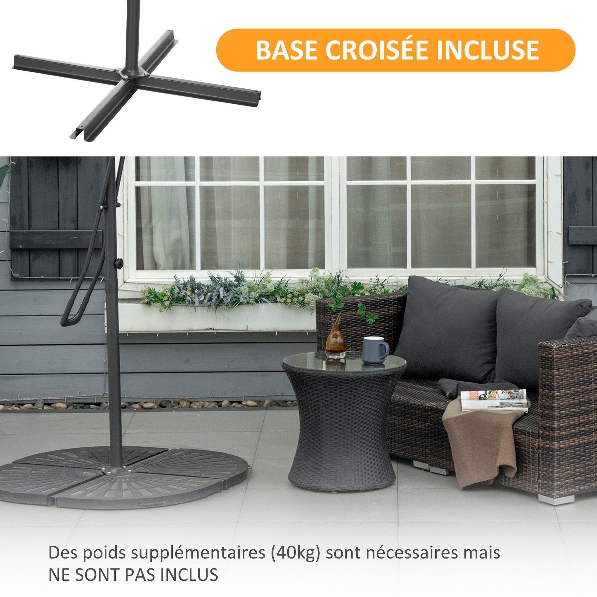 Square Offset Umbrella 2.5 x 2.5 m, outdoor garden umbrella UV protection quick and easy open and close cross base included for balcony patio terrace dark grey
