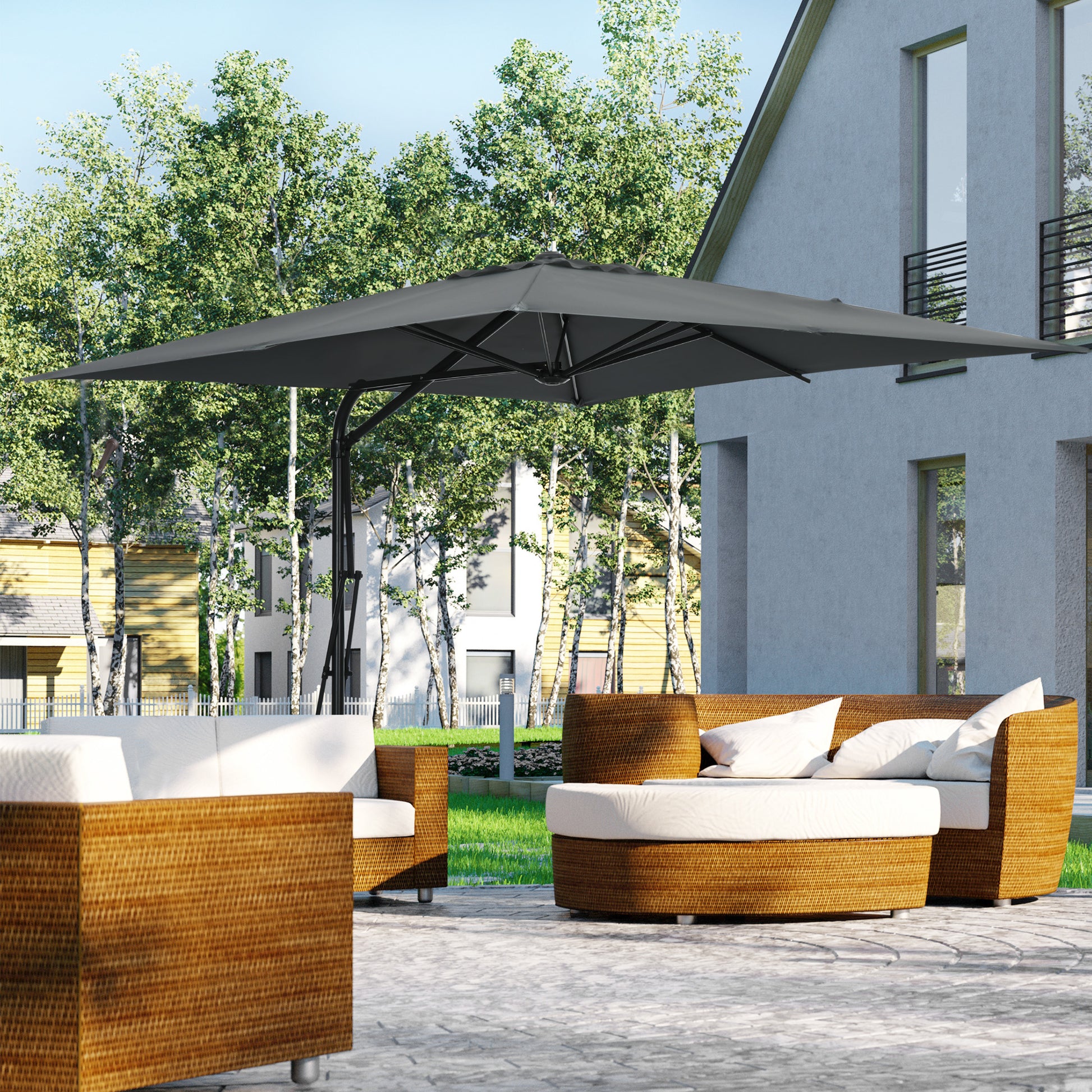 Square Offset Umbrella 2.5 x 2.5 m, outdoor garden umbrella UV protection quick and easy open and close cross base included for balcony patio terrace dark grey
