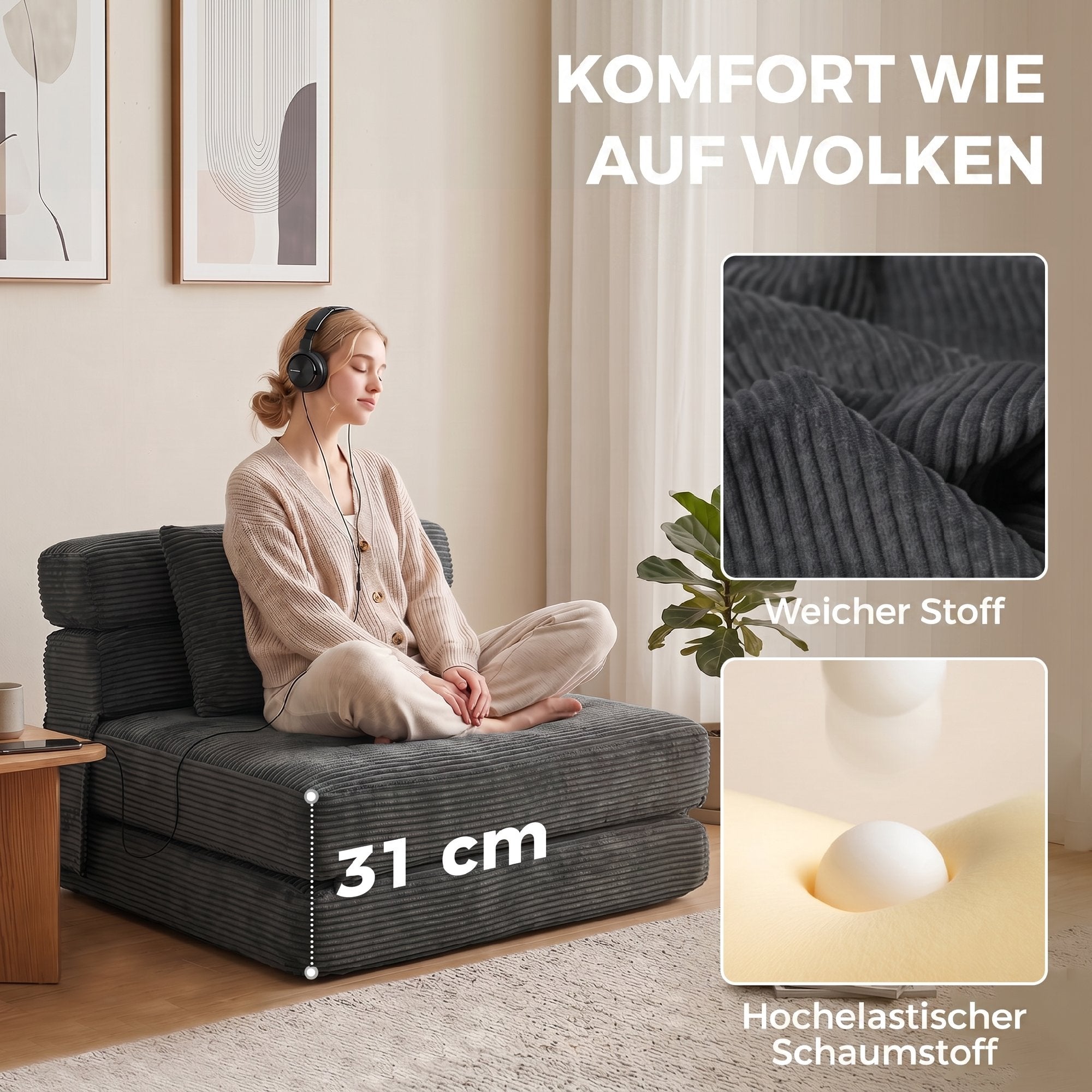 2-in-1 Folding Sleeper Chair — Foldable Sofa Bed with Corduroy Upholstery, Padded Folding Mattress, Guest Floor Chair for Bedroom & Living Room, 39.4 x 29.9 x 24.4 in, Dark Gray