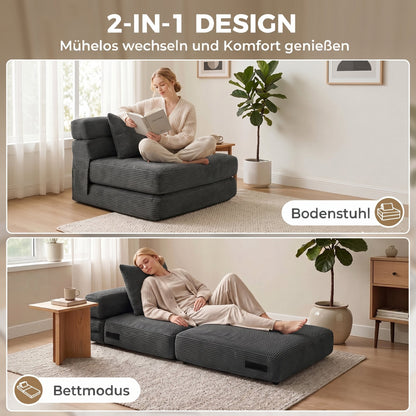 2-in-1 Folding Sleeper Chair — Foldable Sofa Bed with Corduroy Upholstery, Padded Folding Mattress, Guest Floor Chair for Bedroom & Living Room, 39.4 x 29.9 x 24.4 in, Dark Gray