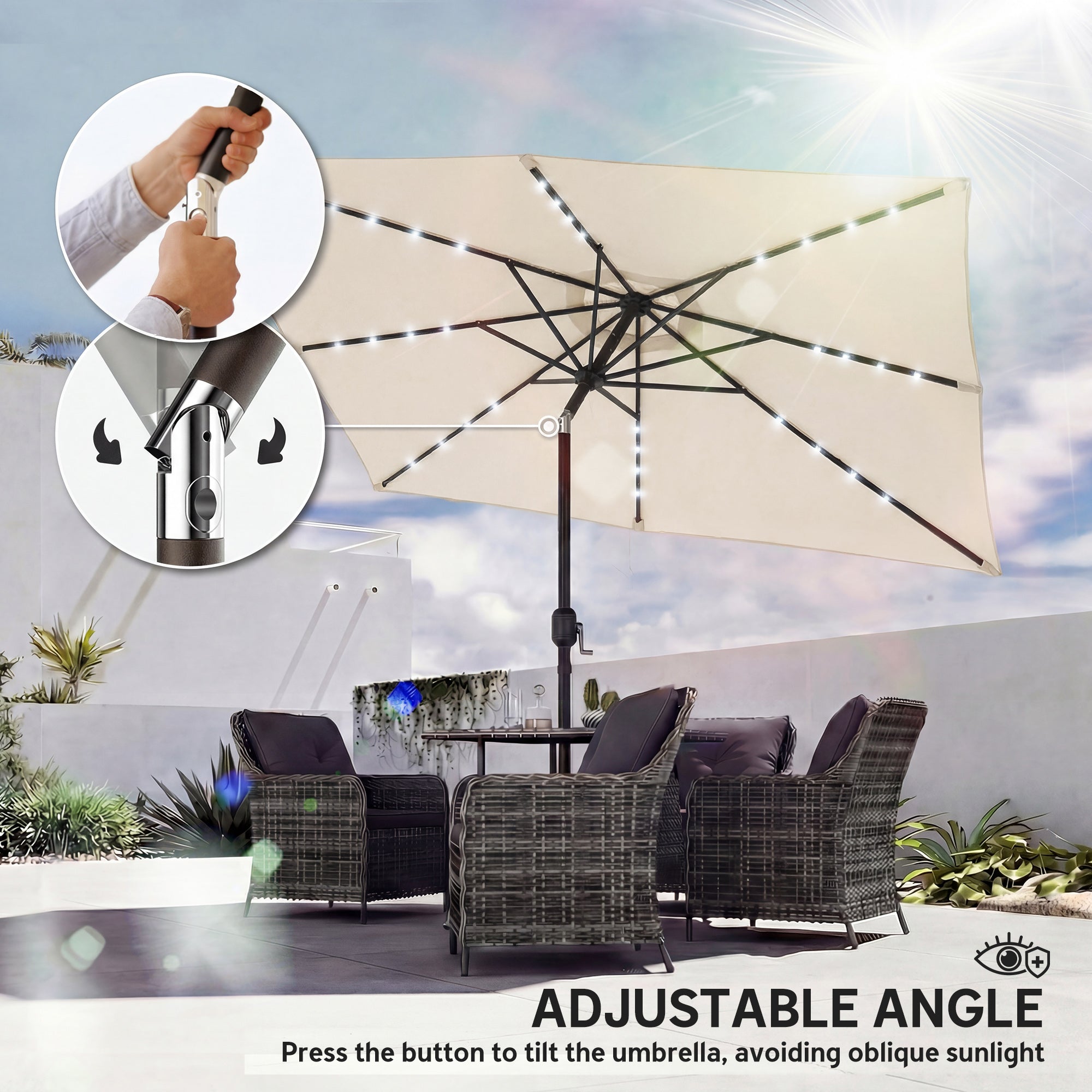 Outdoor Patio Umbrella, 9.5 x 8.2 ft, 24 Solar LED Lights, Tilt Canopy, Metal Pole, Cream