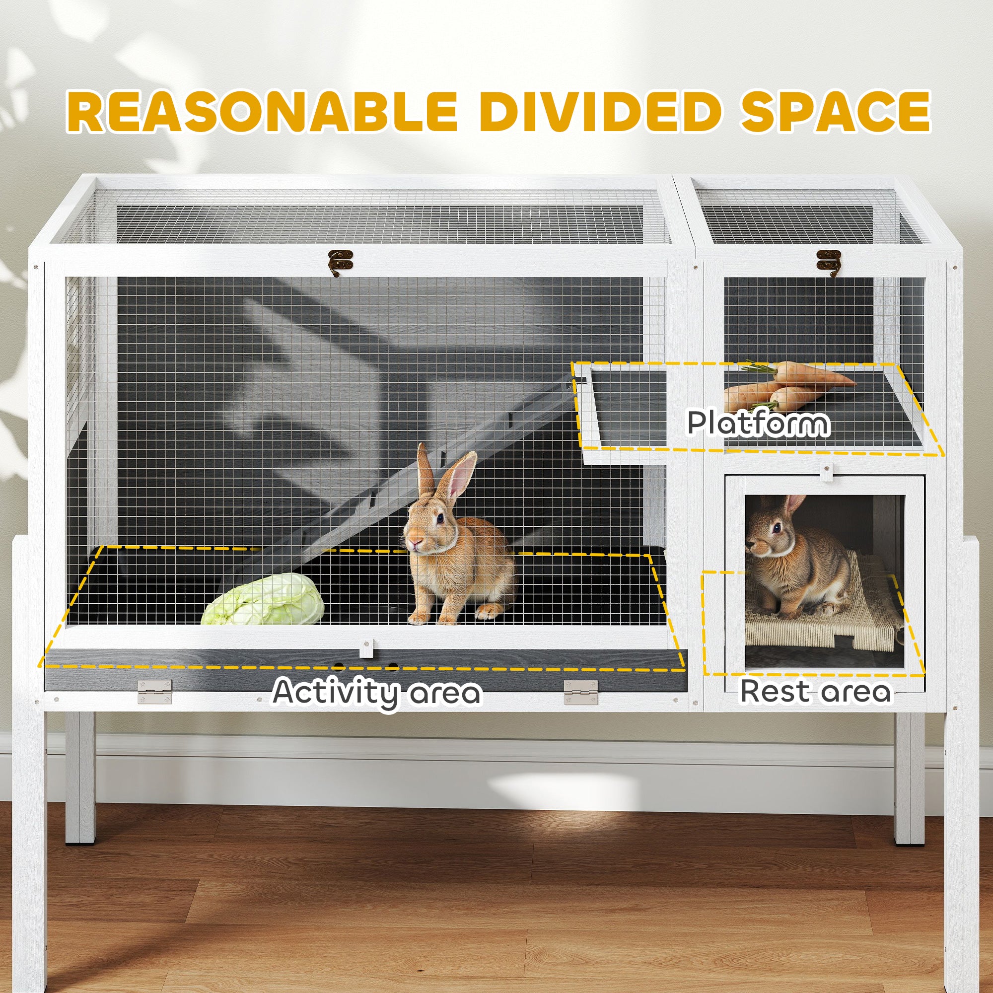 Convertible Wooden Rabbit Hutch with Ramp, 120 x 53 x 93 cm (47.2 x 20.9 x 36.6 in) – Indoor Small Pet Hutch with Nesting Area, Removable Tray, White & Gray