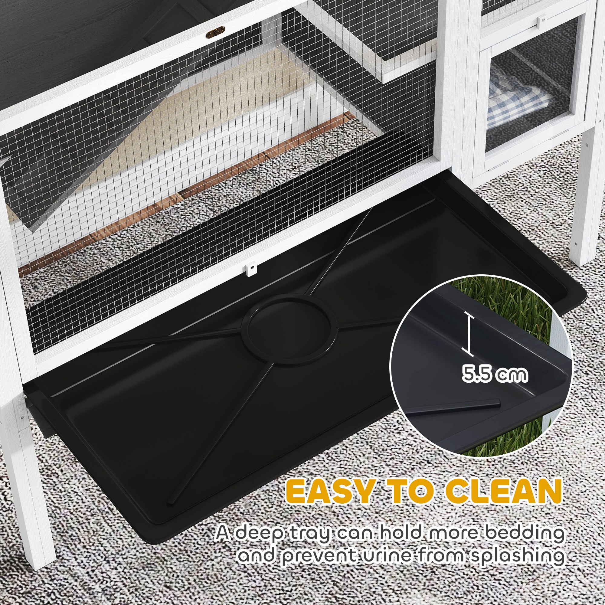 Convertible Wooden Rabbit Hutch with Ramp, 120 x 53 x 93 cm (47.2 x 20.9 x 36.6 in) – Indoor Small Pet Hutch with Nesting Area, Removable Tray, White & Gray