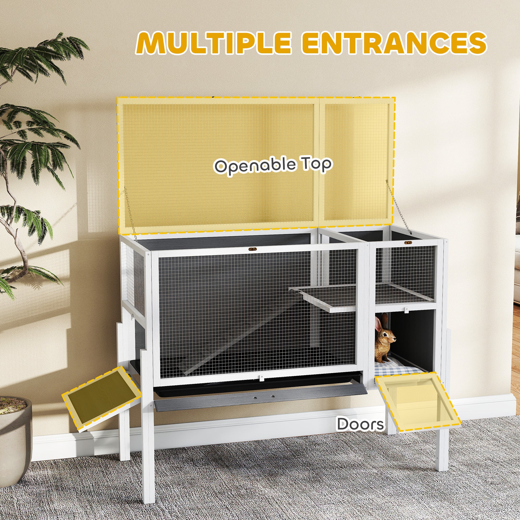 Convertible Wooden Rabbit Hutch with Ramp, 120 x 53 x 93 cm (47.2 x 20.9 x 36.6 in) – Indoor Small Pet Hutch with Nesting Area, Removable Tray, White & Gray