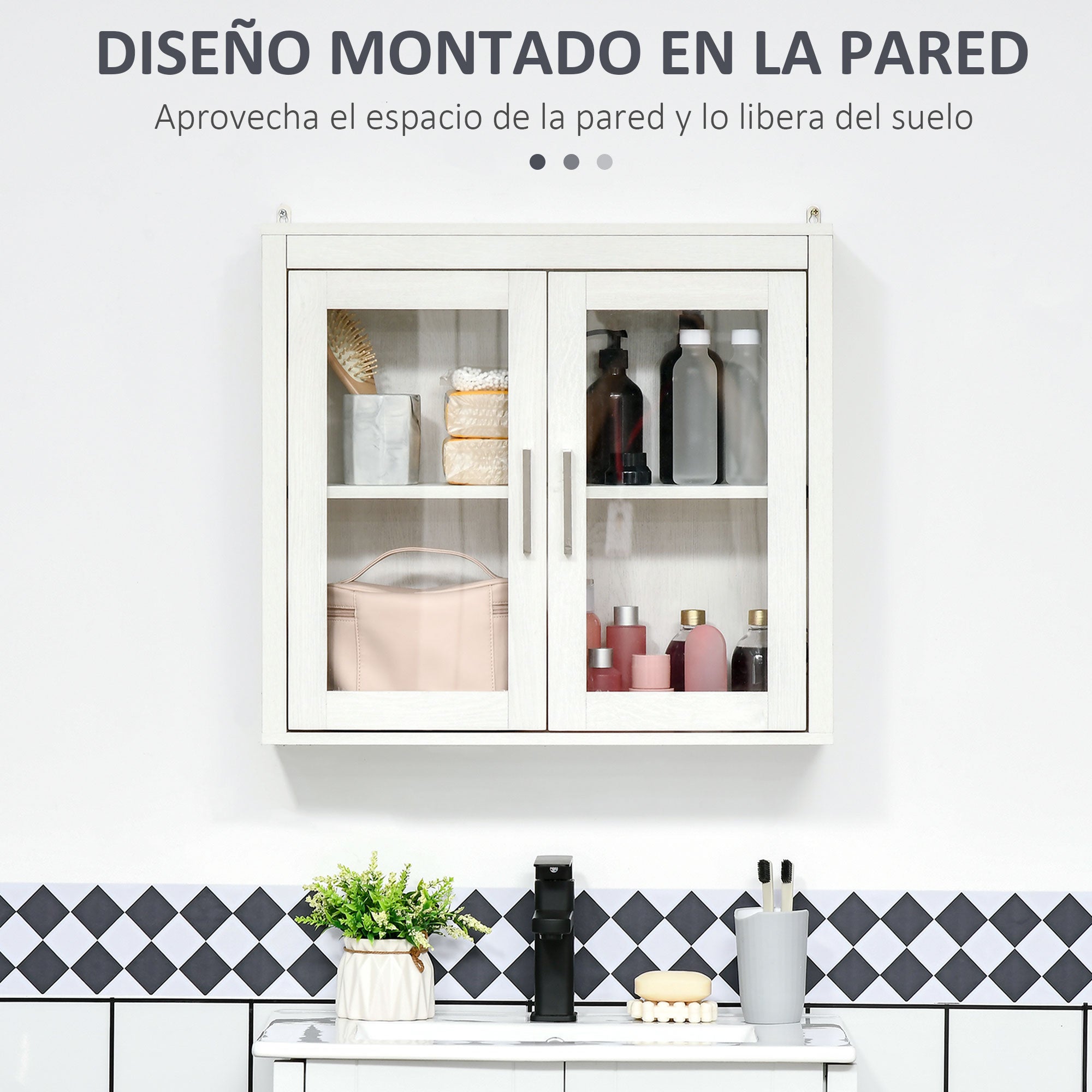 Wall-Mounted Bathroom Cabinet with 2 Glass Doors and Adjustable Shelf Hanging Bathroom Furniture for Kitchen Bedroom Toilet Modern Style 60x19.5x54 cm White