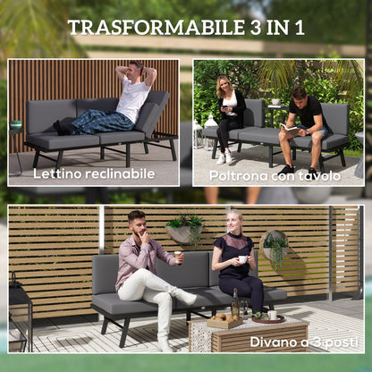 3-in-1 Convertible Outdoor Garden Sofa 3-Seater, Chaise Lounge or 2-Seater Sofa with Side Table, Reclining Outdoor Sofa on 5 Positions with Cushions, Gray