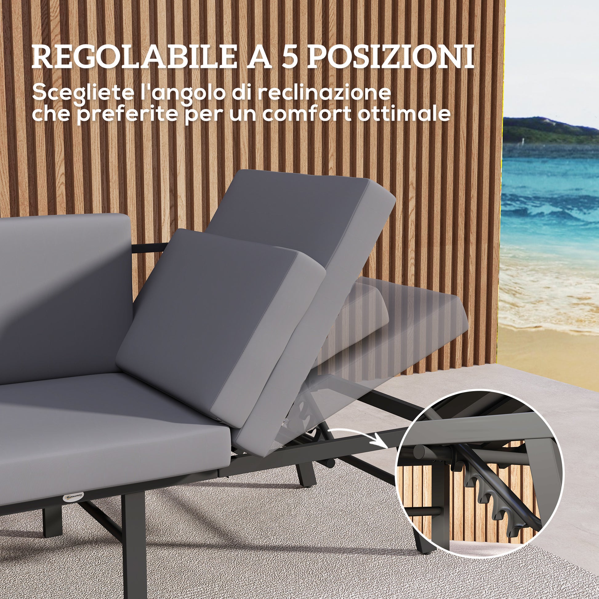 3-in-1 Convertible Outdoor Garden Sofa 3-Seater, Chaise Lounge or 2-Seater Sofa with Side Table, Reclining Outdoor Sofa on 5 Positions with Cushions, Gray