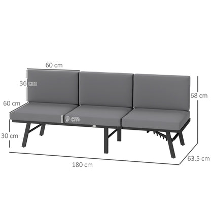 3-in-1 Convertible Outdoor Garden Sofa 3-Seater, Chaise Lounge or 2-Seater Sofa with Side Table, Reclining Outdoor Sofa on 5 Positions with Cushions, Gray