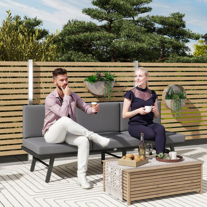 3-in-1 Convertible Outdoor Garden Sofa 3-Seater, Chaise Lounge or 2-Seater Sofa with Side Table, Reclining Outdoor Sofa on 5 Positions with Cushions, Gray