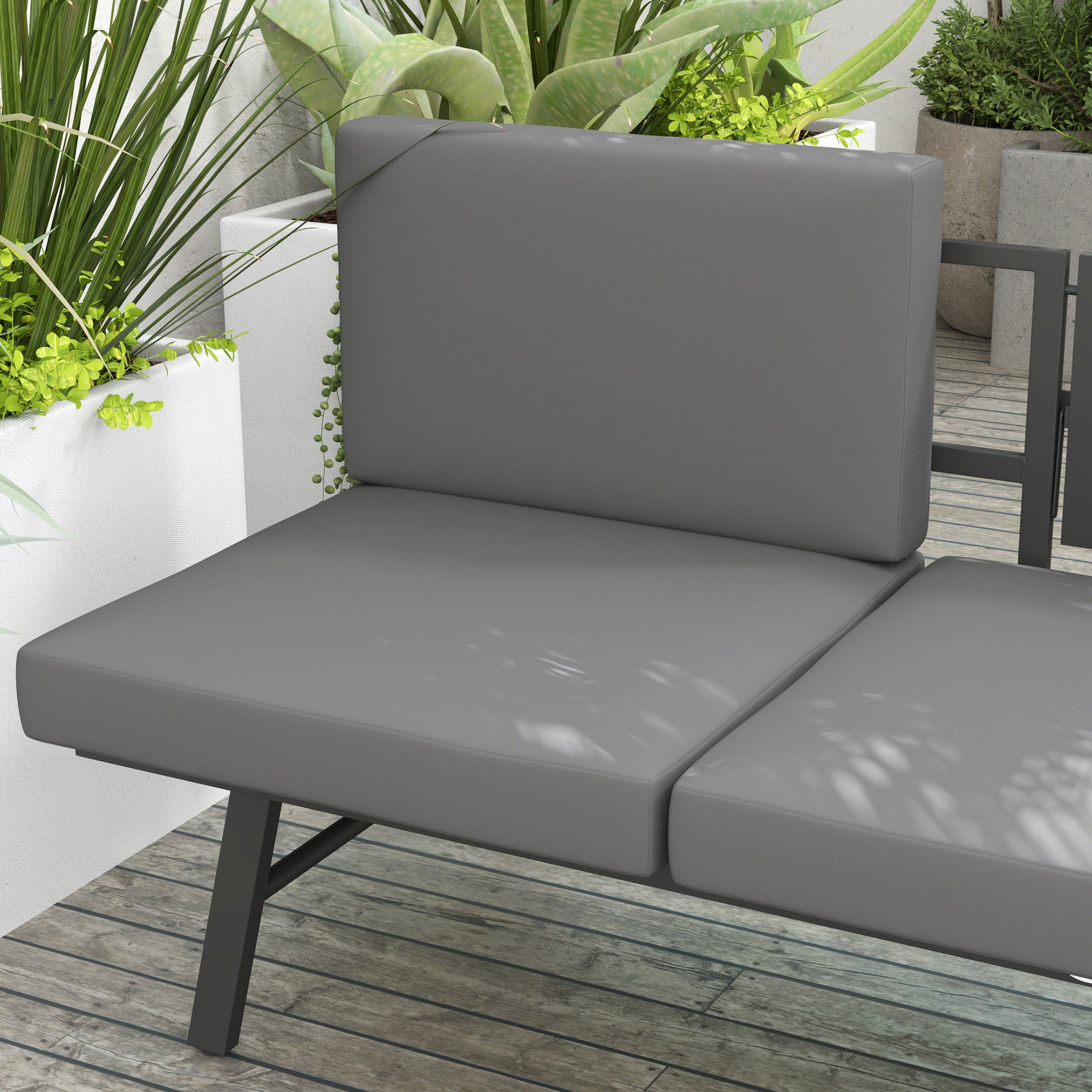 3-in-1 Convertible Outdoor Garden Sofa 3-Seater, Chaise Lounge or 2-Seater Sofa with Side Table, Reclining Outdoor Sofa on 5 Positions with Cushions, Gray