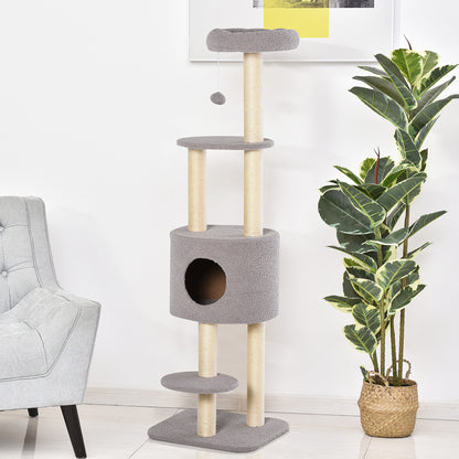 Cat Scratching Tree Height 148 cm Cat Tower with Sisal Posts 3 Platforms House and Hanging Ball Gray